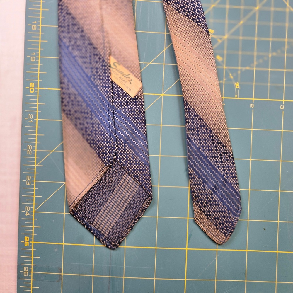 VTG 1960s Sandoz Skinny Neck Tie 50" Mens Blue Tan Stripe 2.5" SWITZERLAND Fair